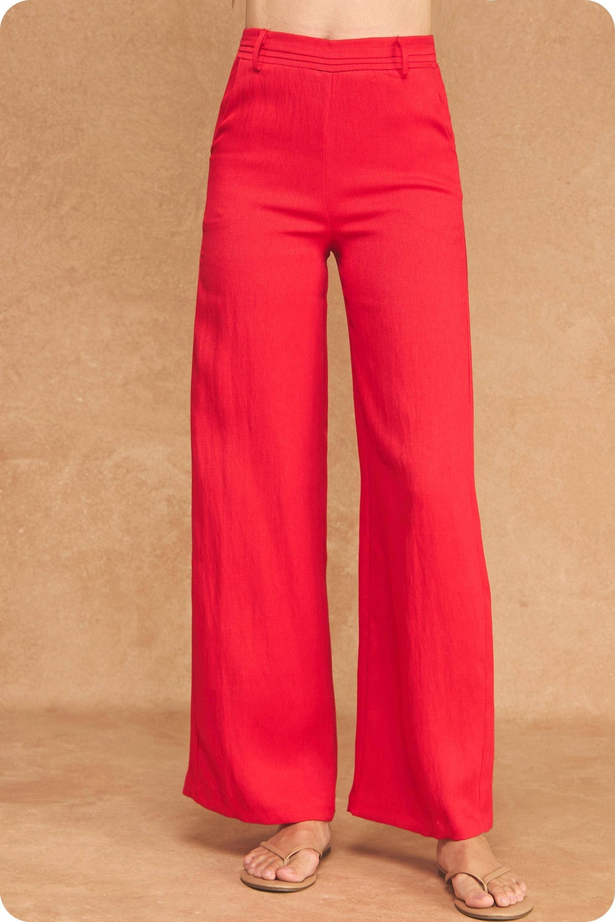 Waist Pintuck High-Waisted Wide Leg Trousers: Red