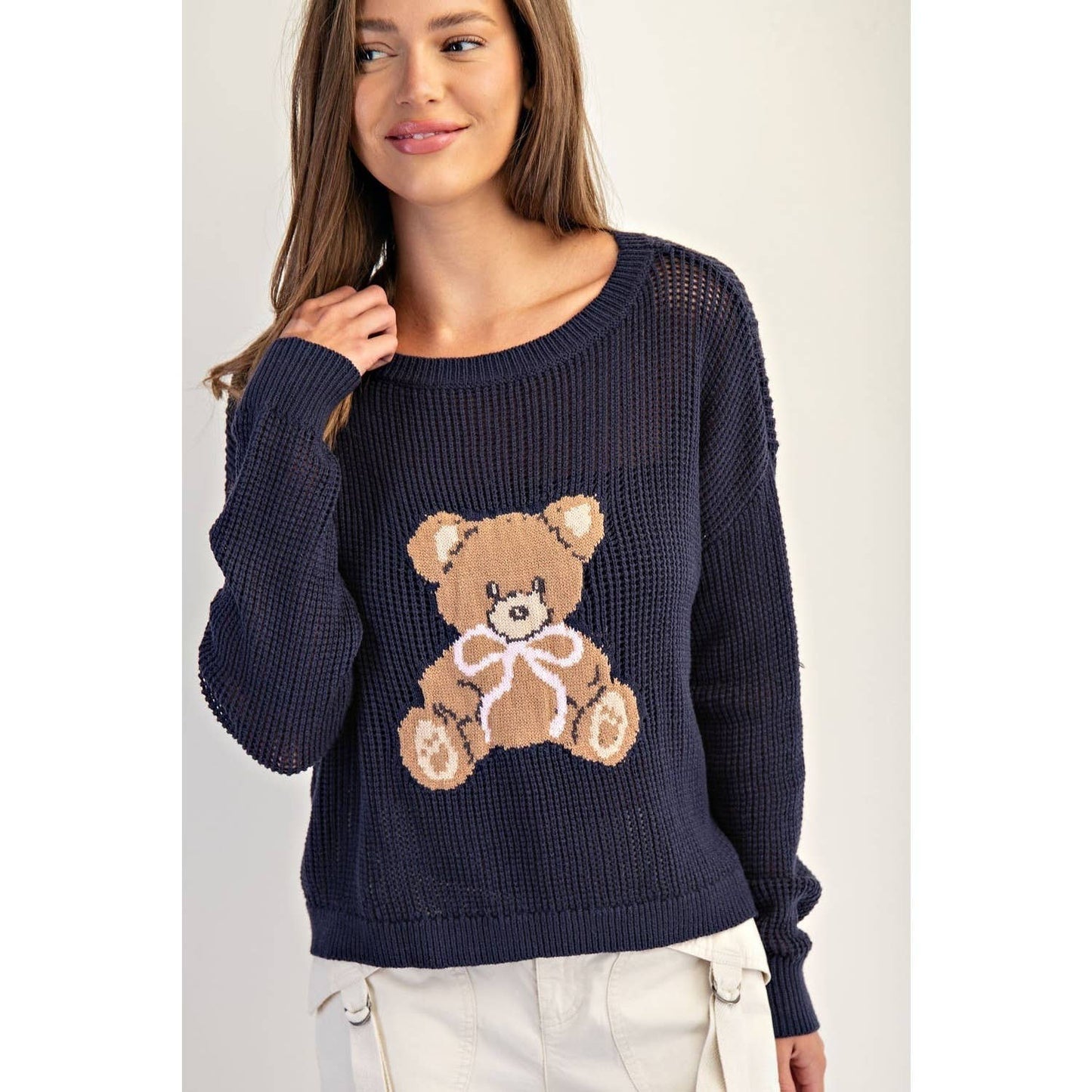 Teddy Bear Knit Sweater Top: NAVY