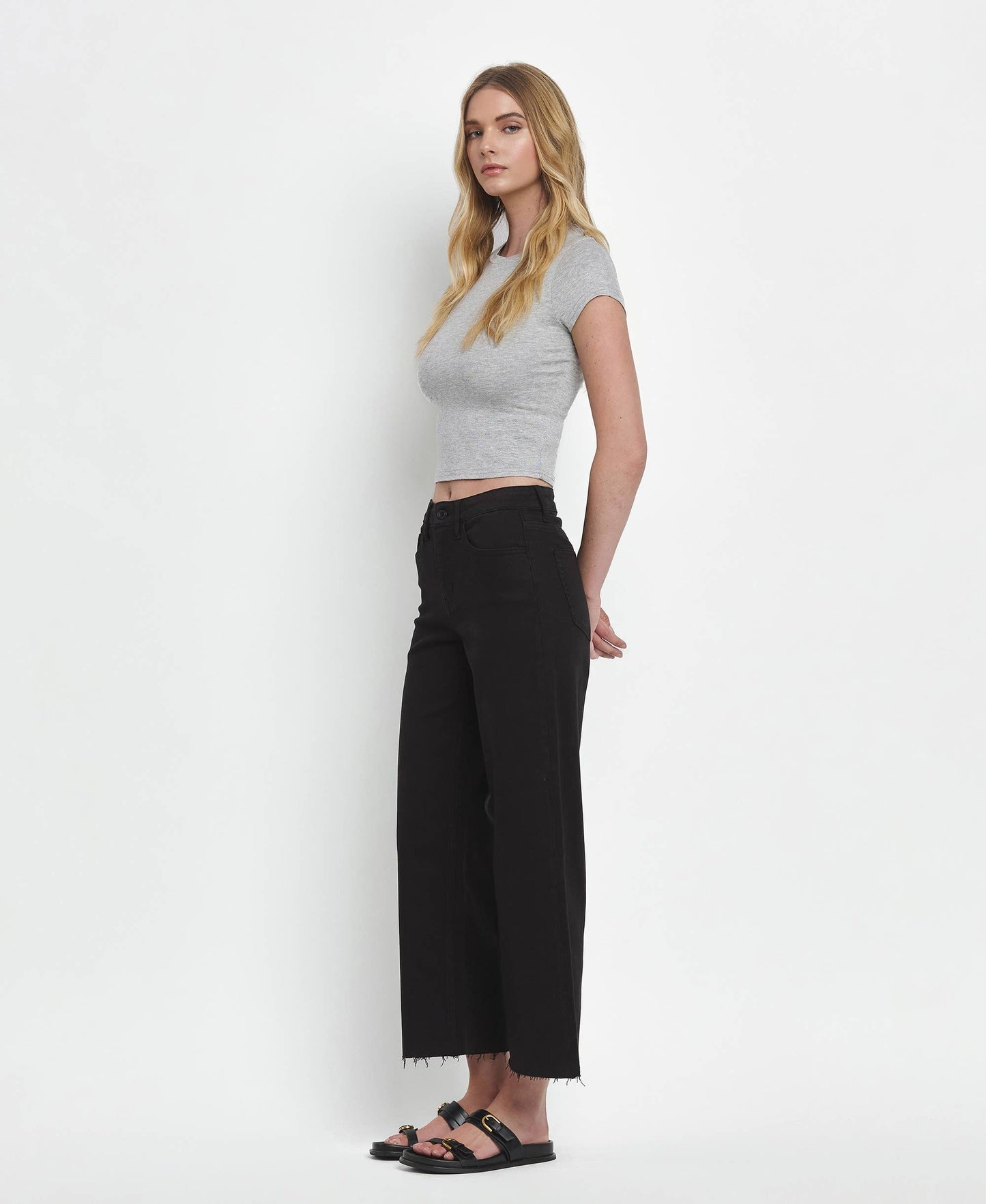 HIGH RISE CROP WIDE LEG JEANS T5894BK: Black