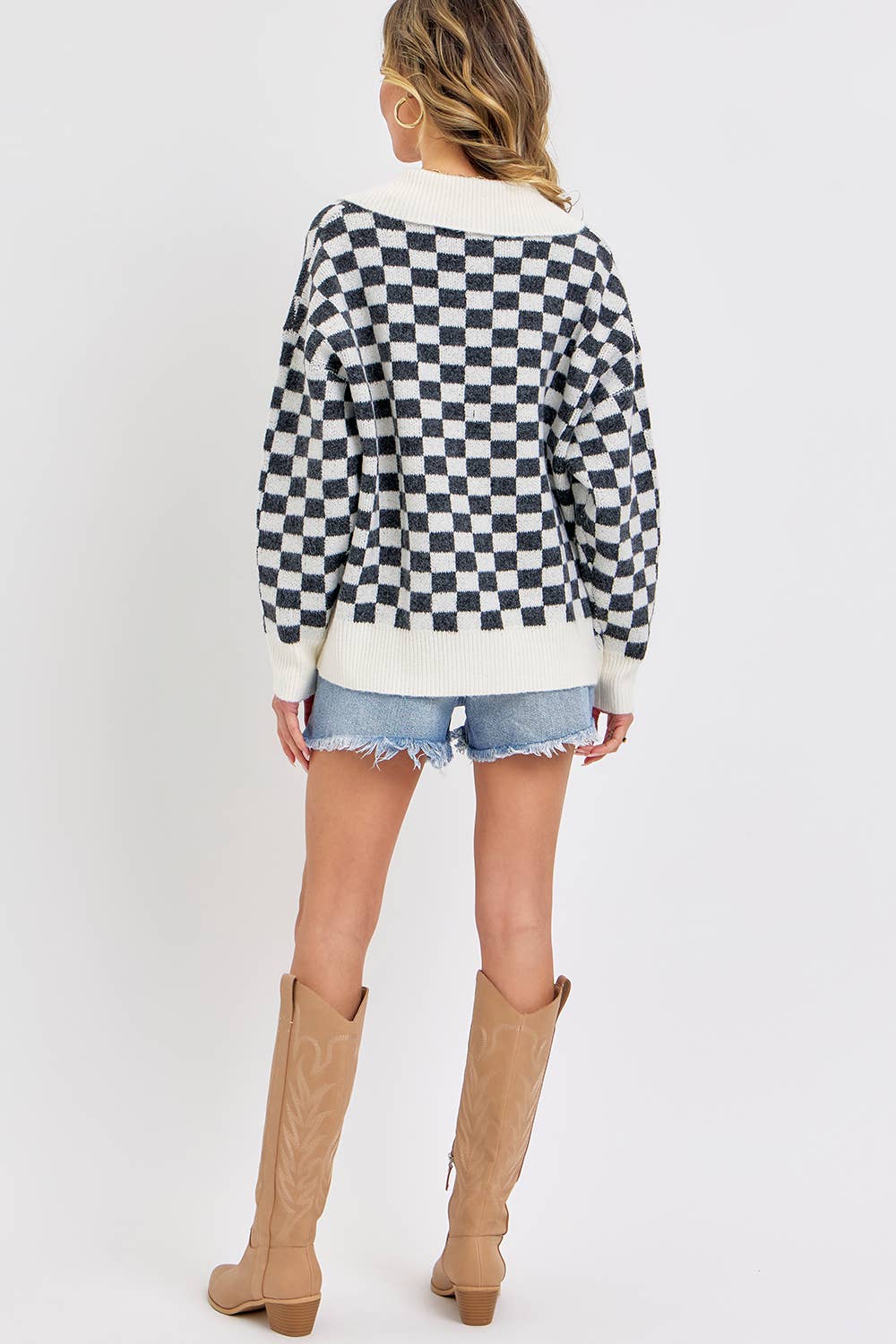 PLAID HALF BUTTONED COLLARED SWEATER: Pink / Contemporary / S
