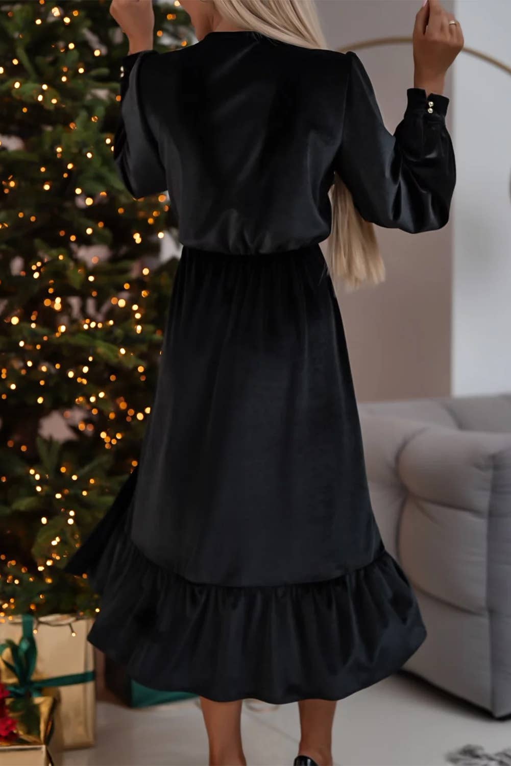Velvet Buttoned Puff Sleeve Split Midi Dress: Racing Red / 95%Polyester+5%Elastane / L