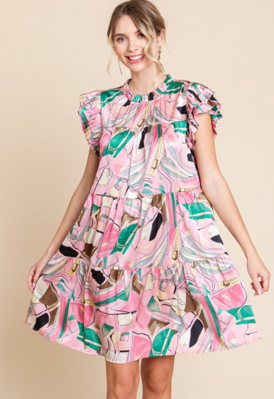 Plus Size Satin Print Pink Dress