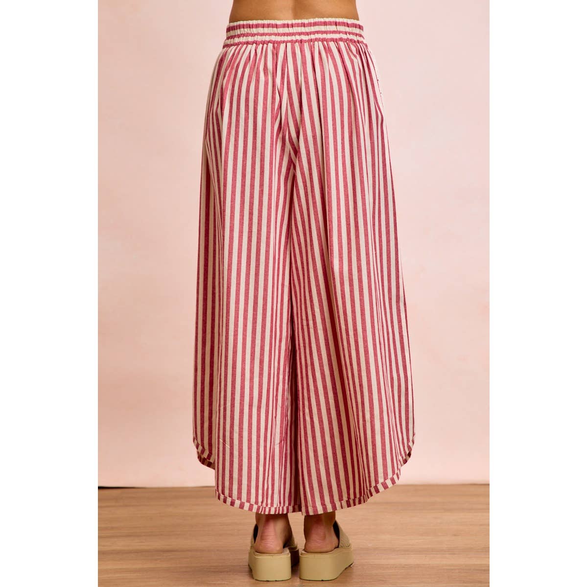 FLORAL EYELET SIDE ELASTIC STRIPES WIDE LEG PANTS: LIGHT PINK