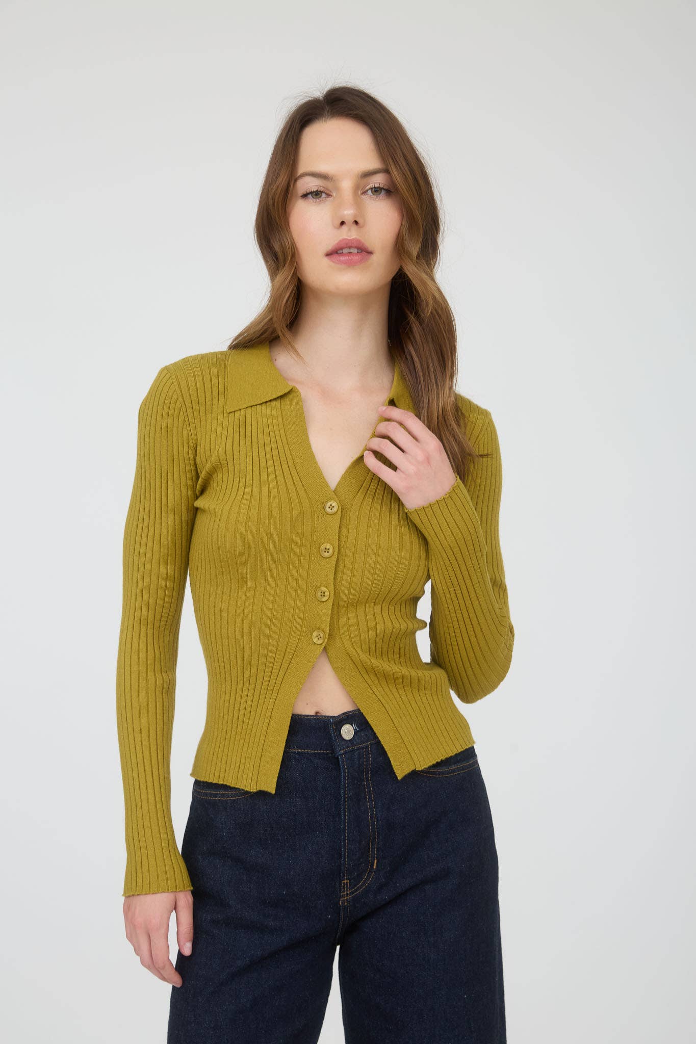 COLLARED BUTTON FRONT LONG SLEEVE SWEATER KNIT TOP: NAVY