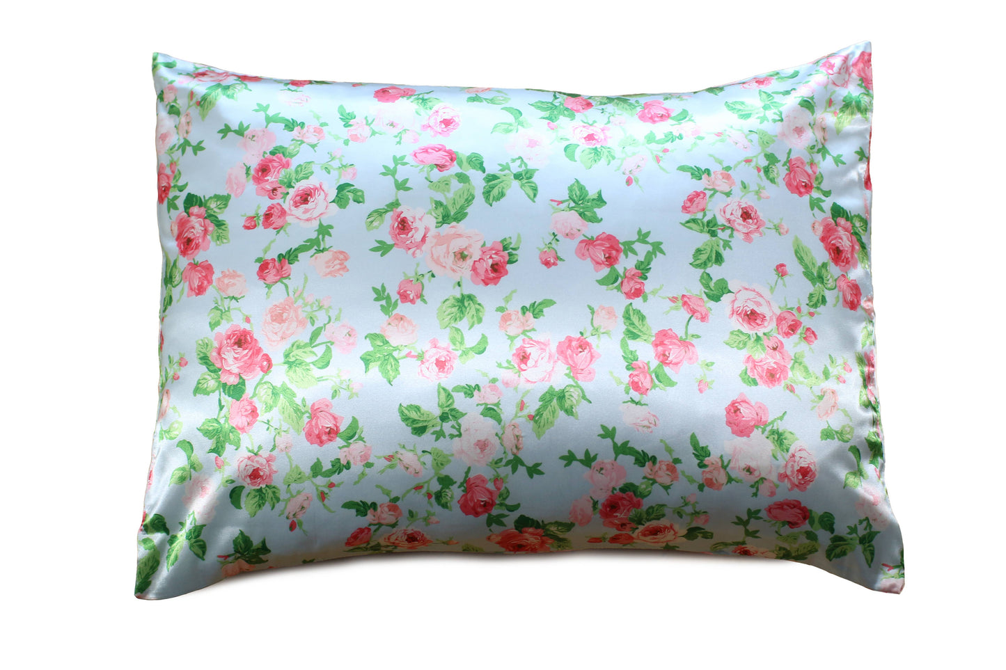 Pink Opalescent Gift Box with Bow - QN/STD Satin Pillowcase : Blue floral