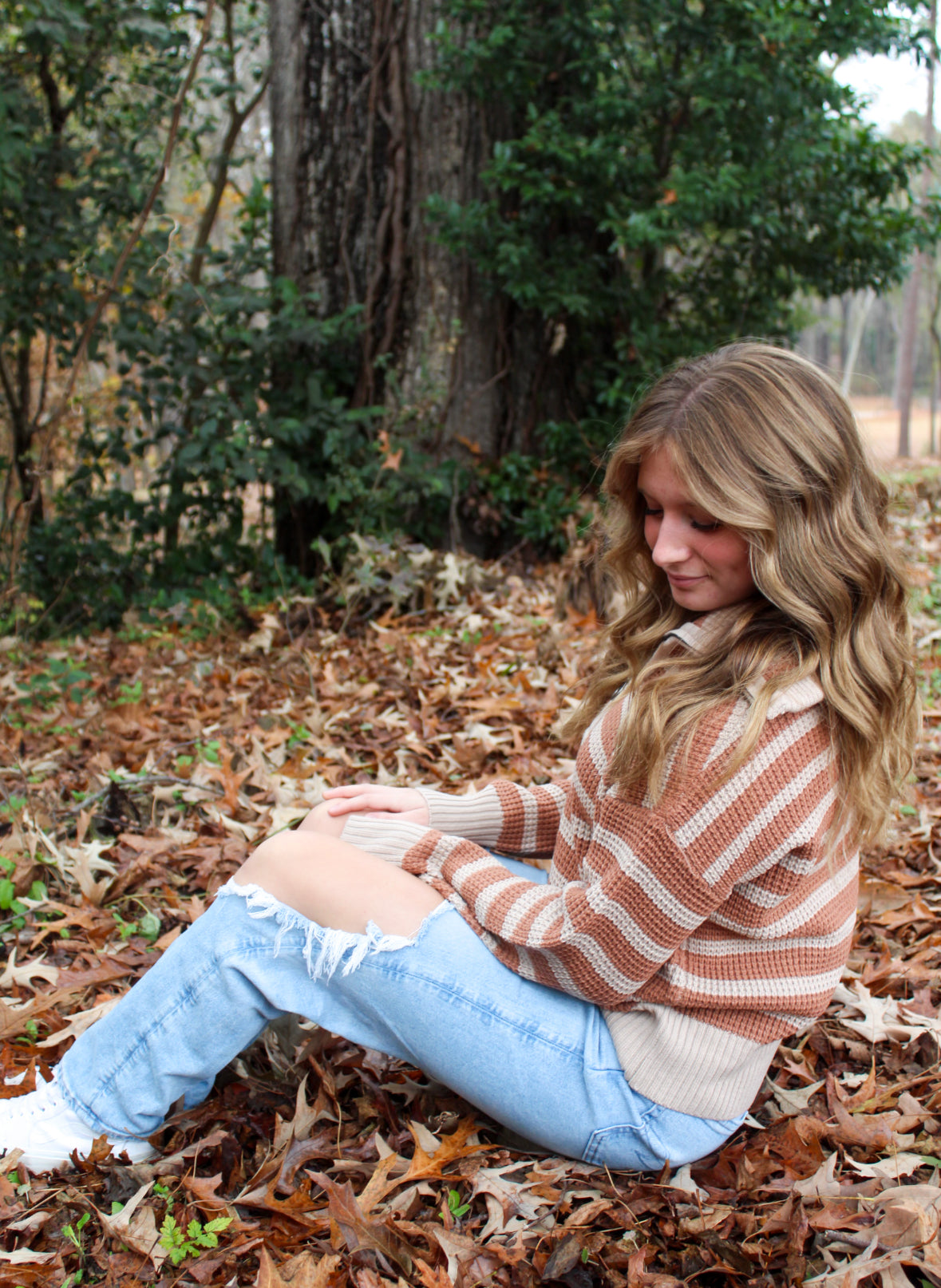 Collard Half Zip Up Stripe Sweater Knit Top