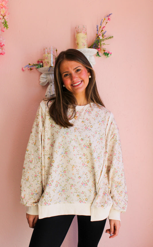 Ivory Floral Print Sweatshirt with Relaxed Fit: IVORY