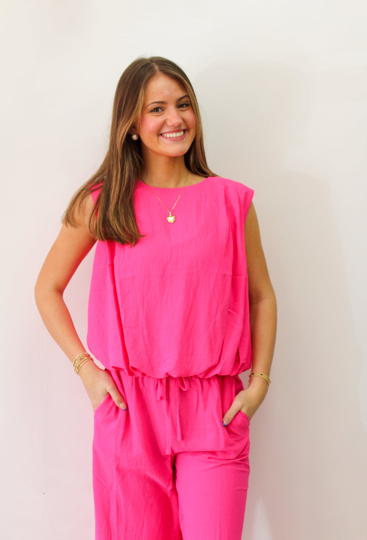 Sleeveless Blouson Top And Wide-leg Pant Set: Electric Fuchsia