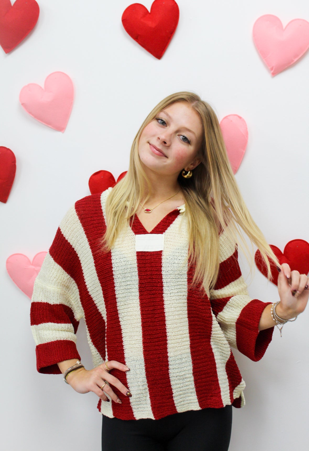 Red Stripe Colorblock V Neck Bracelet Sleeve Sweater: Red Stripe