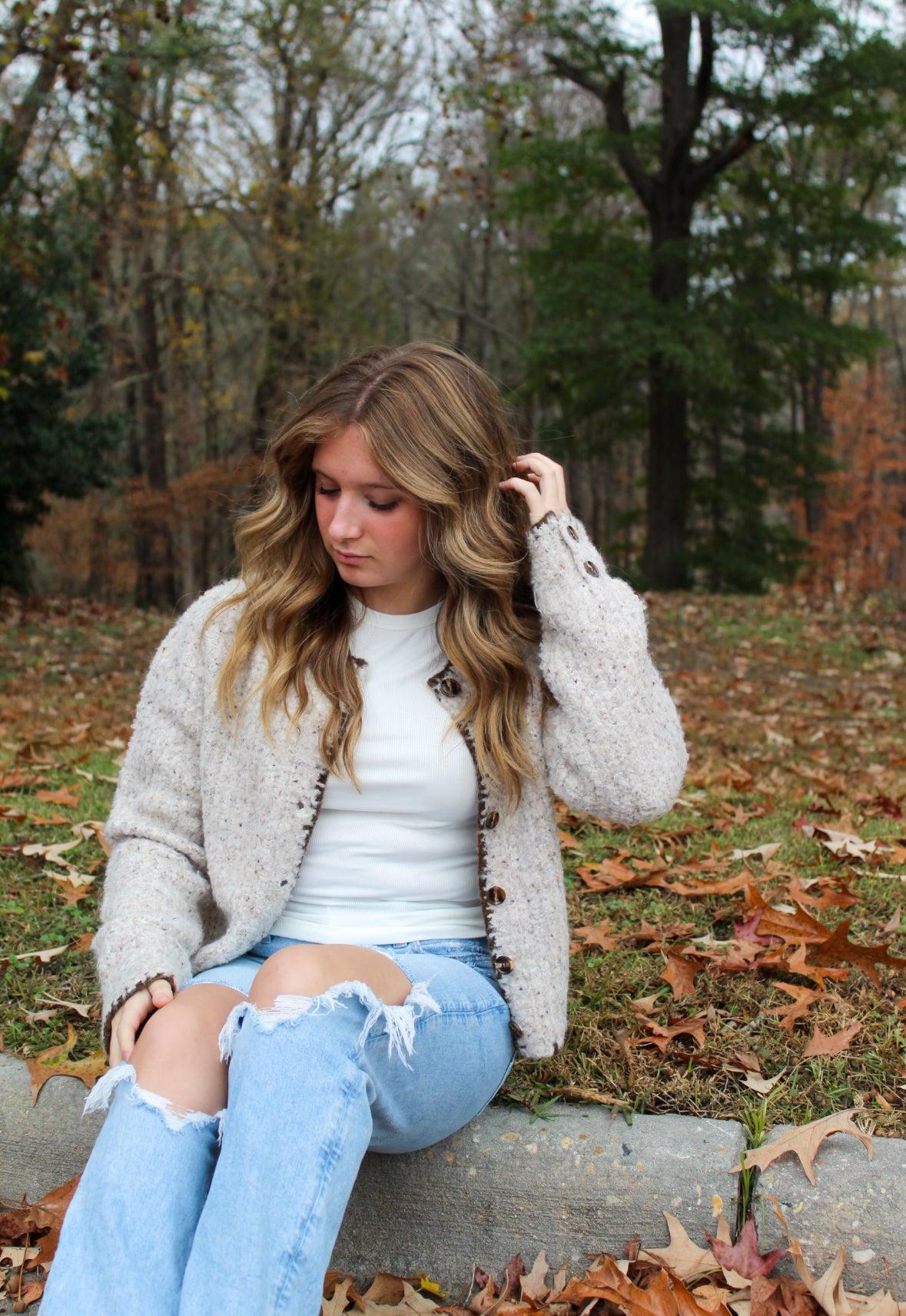 Speckled Yarn Edge Stitched Button Down Cardigan