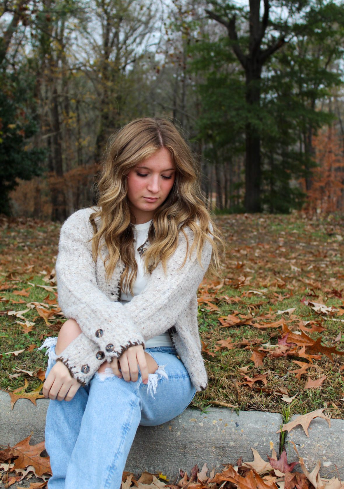 Speckled Yarn Edge Stitched Button Down Cardigan