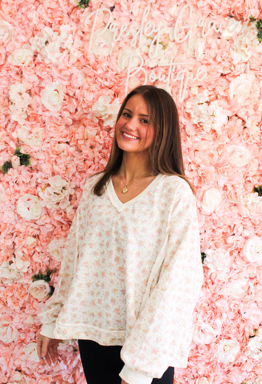 Oversized Floral Print V-Neck Long Sleeve Sweatshirt: IVORY