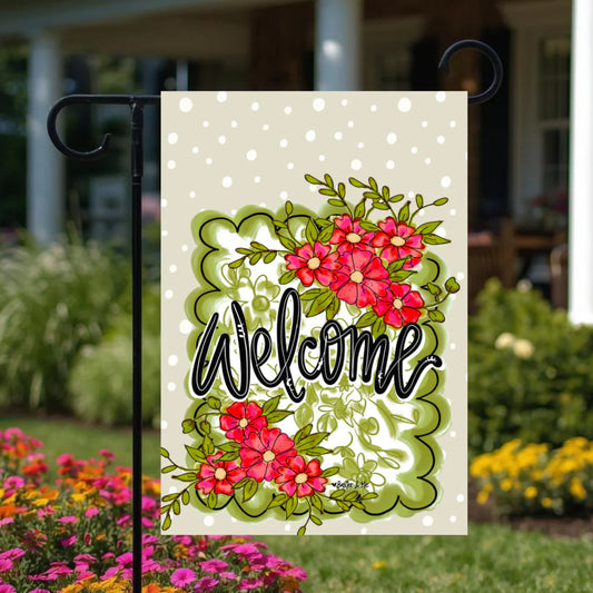 Green Scalloped Frame Floral Garden Flag