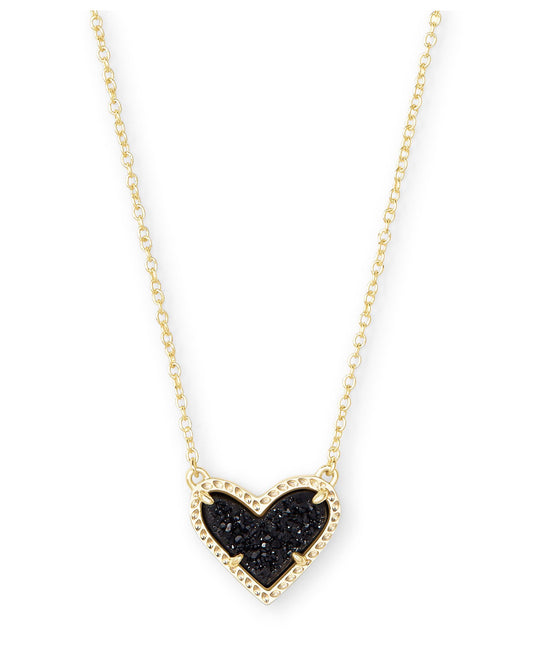 Ari Heart Short Pendant Necklace – Gold & Black Drusy