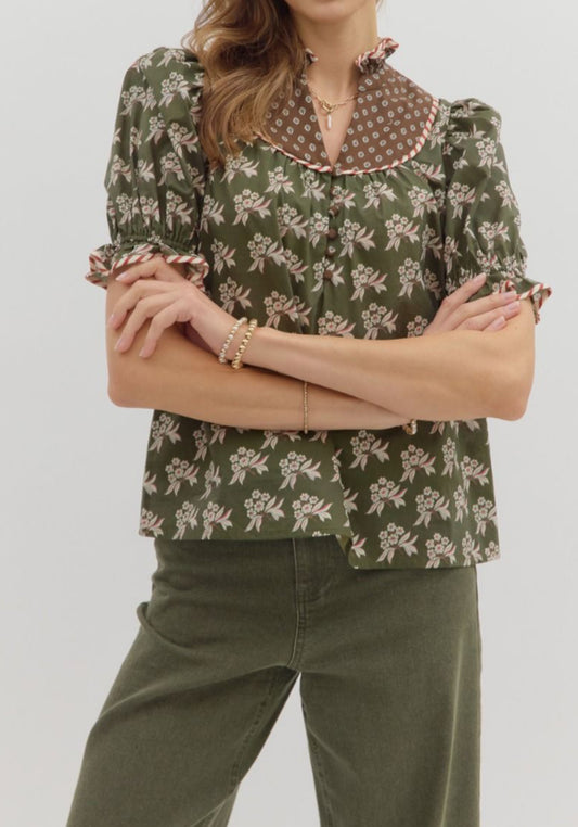 Floral Print Ruffle Short Sleeve ENTRO Top