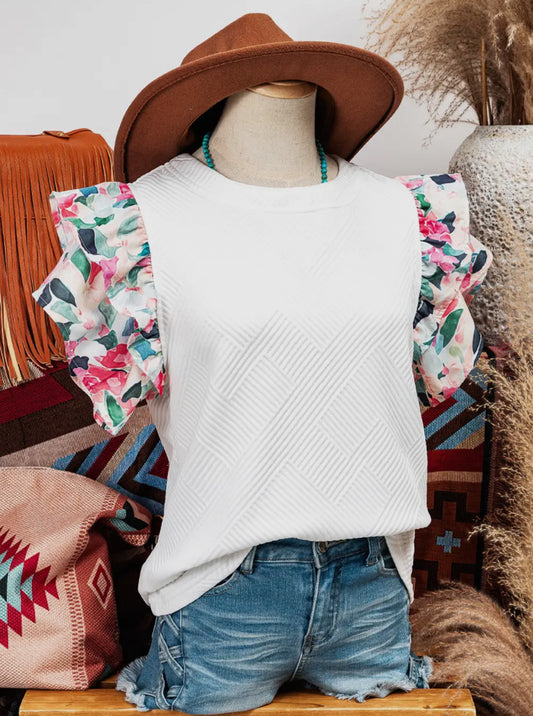 Fashion-W Abstract Tiered Ruffle Sleeve Textured Knit Top