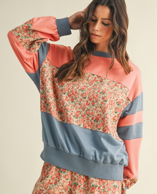 Floral Panel Contrasted Color Block Sweater