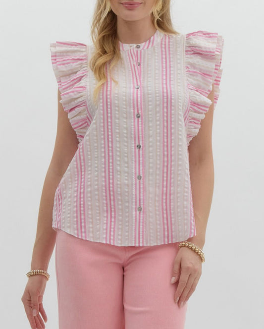 Pink And White Striped Ruffle Sleeve Blouse