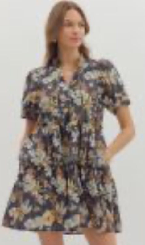 ENTRO Floral Print Ruffle V-Neck Button