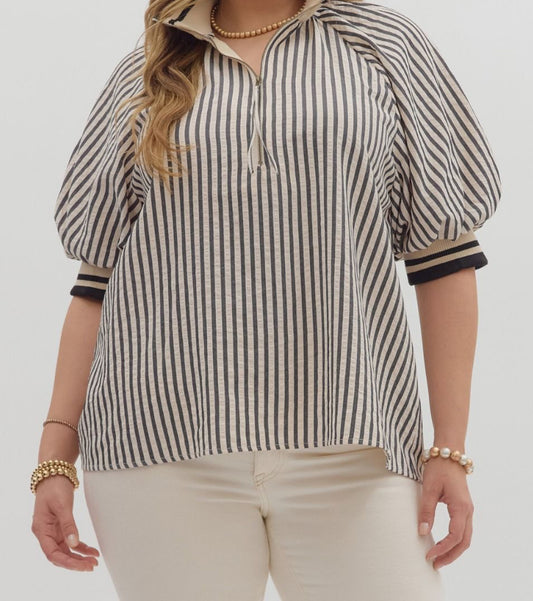 Plus Size ENTRO Stripe Puff Sleeve Top