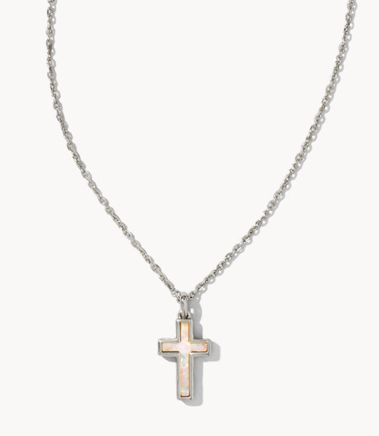Cross Pendant Necklace – Rhodium White Opal