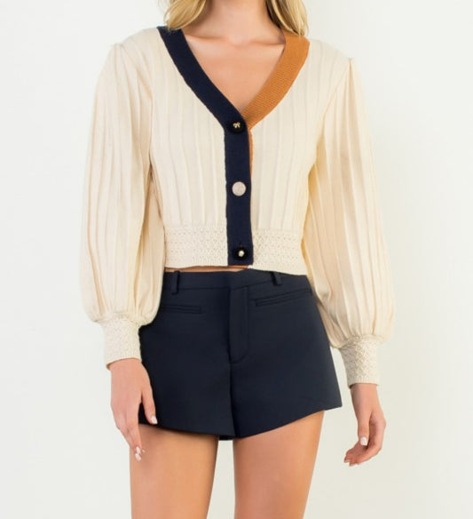 Balloon Sleeve Colorblock knit Cardigan