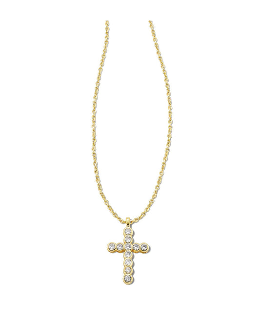 Cross Crystal Pendant Necklace – Gold & White Crystal