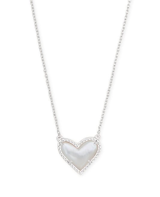 Ari Heart Short Pendant Necklace – Rhodium & Ivory Mother of Pearl