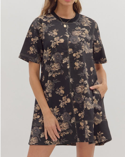 Black Short Sleeve Fall Floral Dress