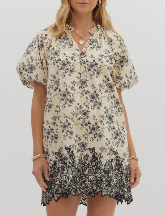 Cream And Black Floral Lace Dress