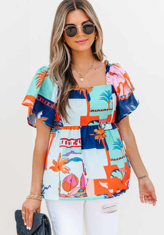 Sky Blue Tropical Printed Square Neck Babydoll Blouse