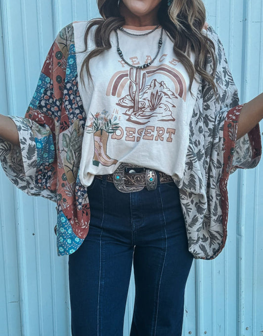 Multicolor Asymmetric Printed Patchwork Sleeve Peace Desert Graphic Top