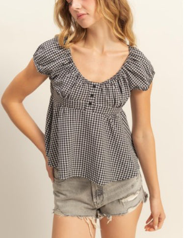 Black Gingham Print Babydoll Top
