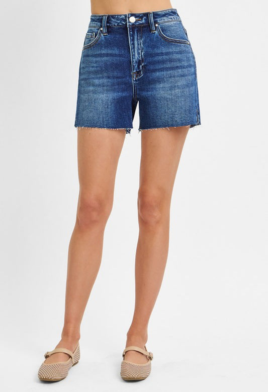 High Rise Raw Cut Hem Side Slit Shorts