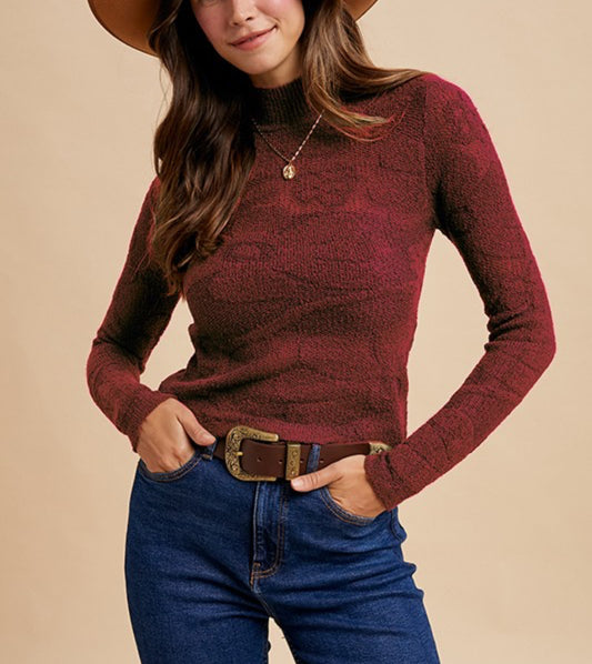 Floral Jacquard Textured Mock Neck Sweater Top