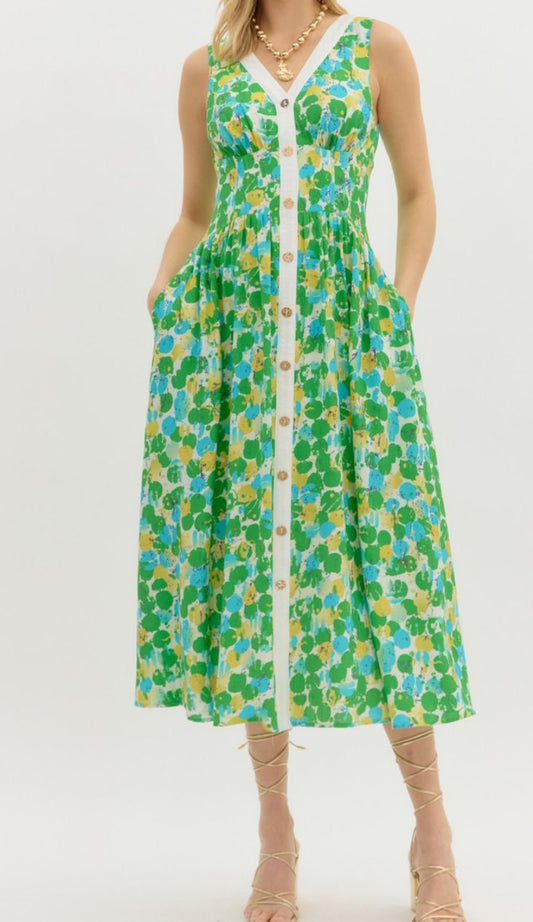Abstract Green Sleeveless Dress
