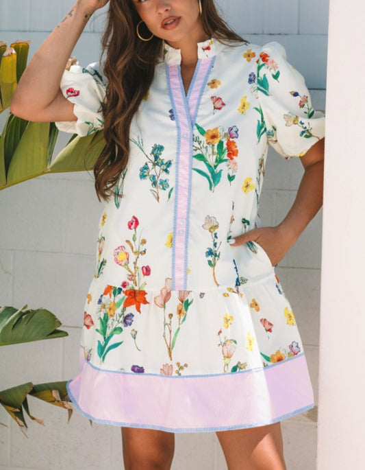Floral And Striped Contrast Puff Sleeve Dress