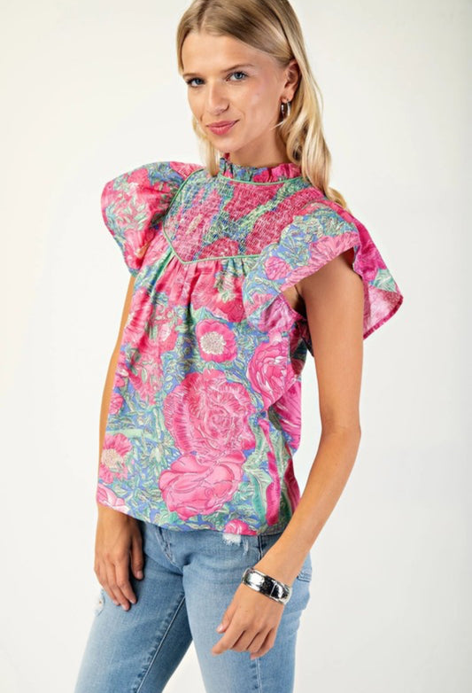 Printed Smocked Neck Ruffled Sleeve Top