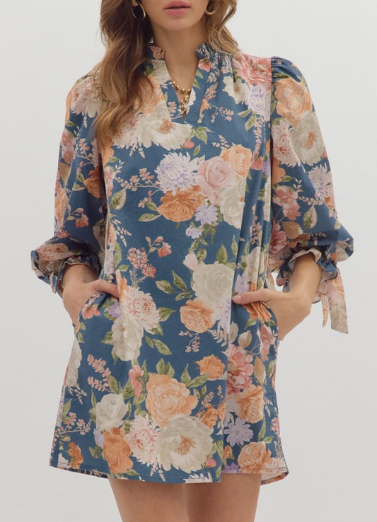 Denim Floral Bow Accent ENTRO Dress