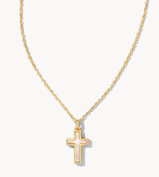 Cross Pendant Necklace – Gold White Opal