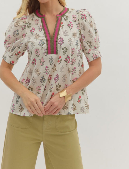 Floral Print Puff Sleeve ENTRO Top