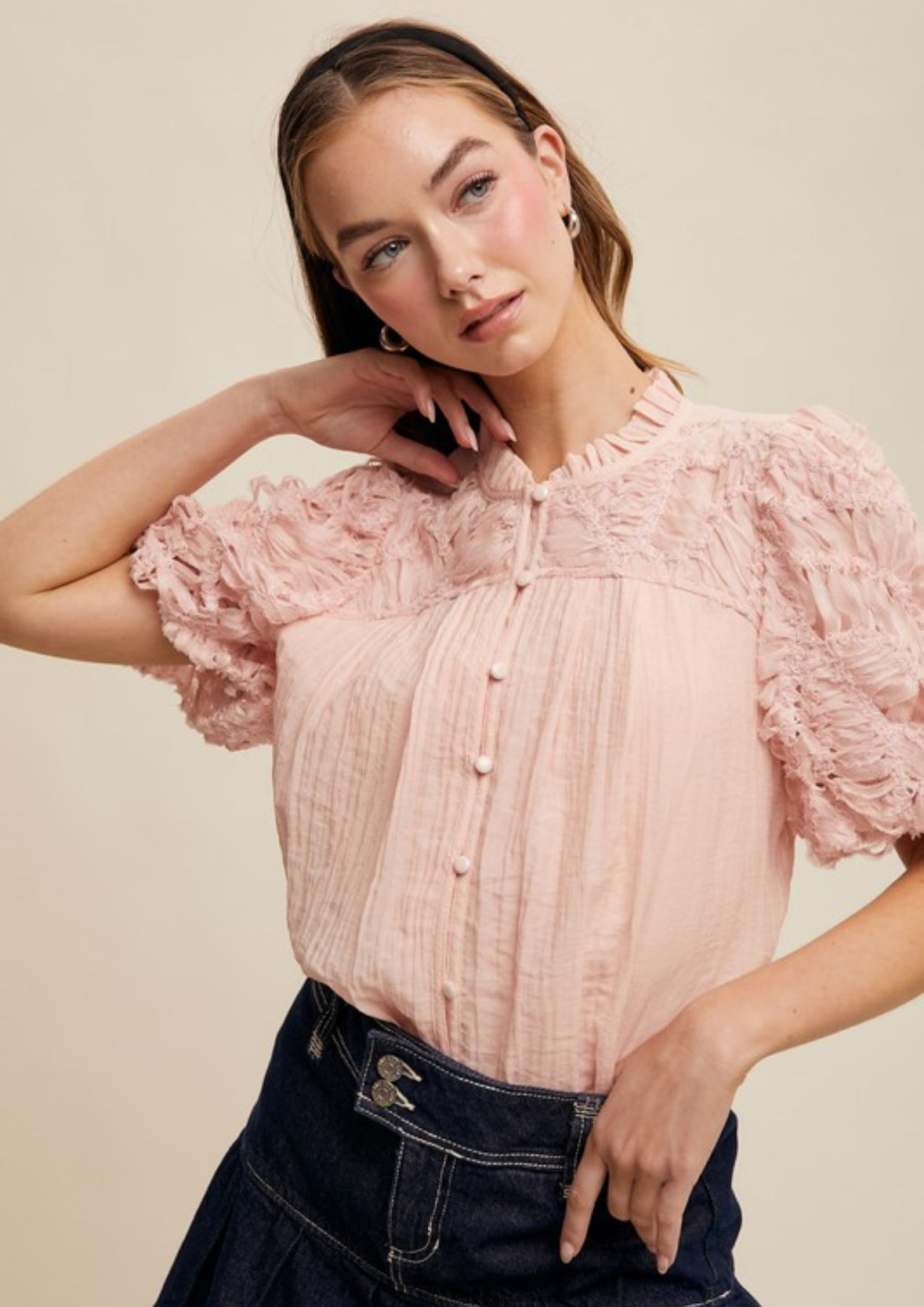 Shaggy Fringed Textured Puff Sleeve Blouse