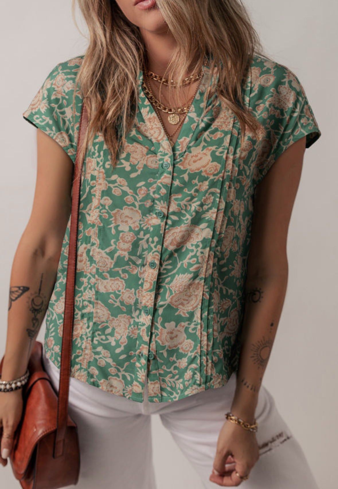 Green Floral Print Pleated Buttoned V Neck Short Sleeve Blouse