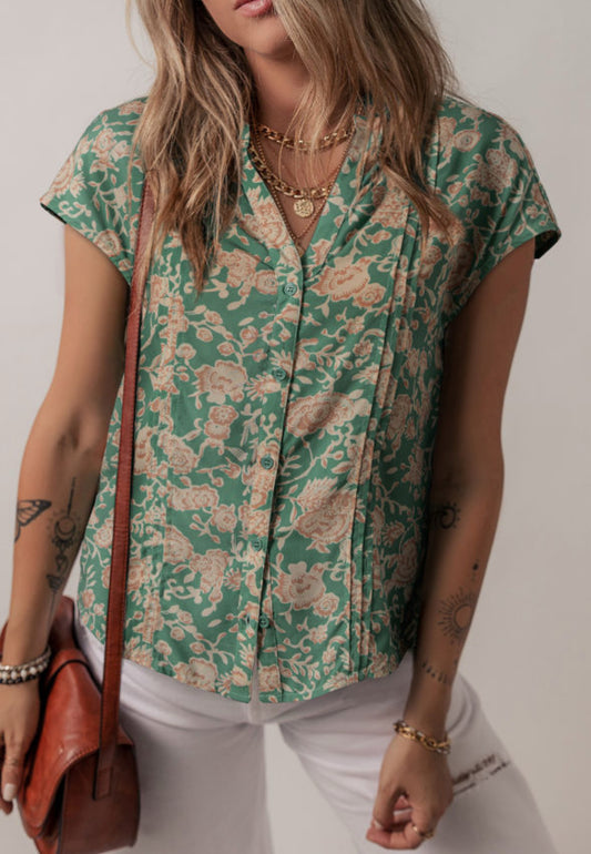 Green Floral Print Pleated Buttoned V Neck Short Sleeve Blouse