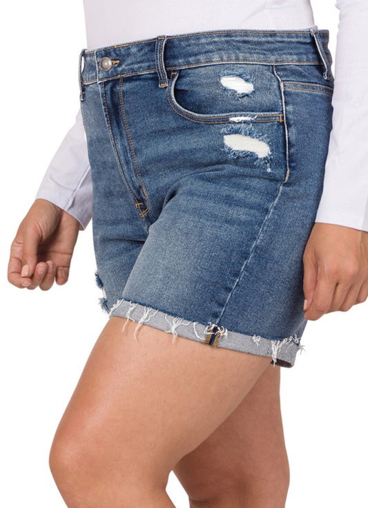 Plus Size Distressed Cuffed Raw Hem Denim Shorts