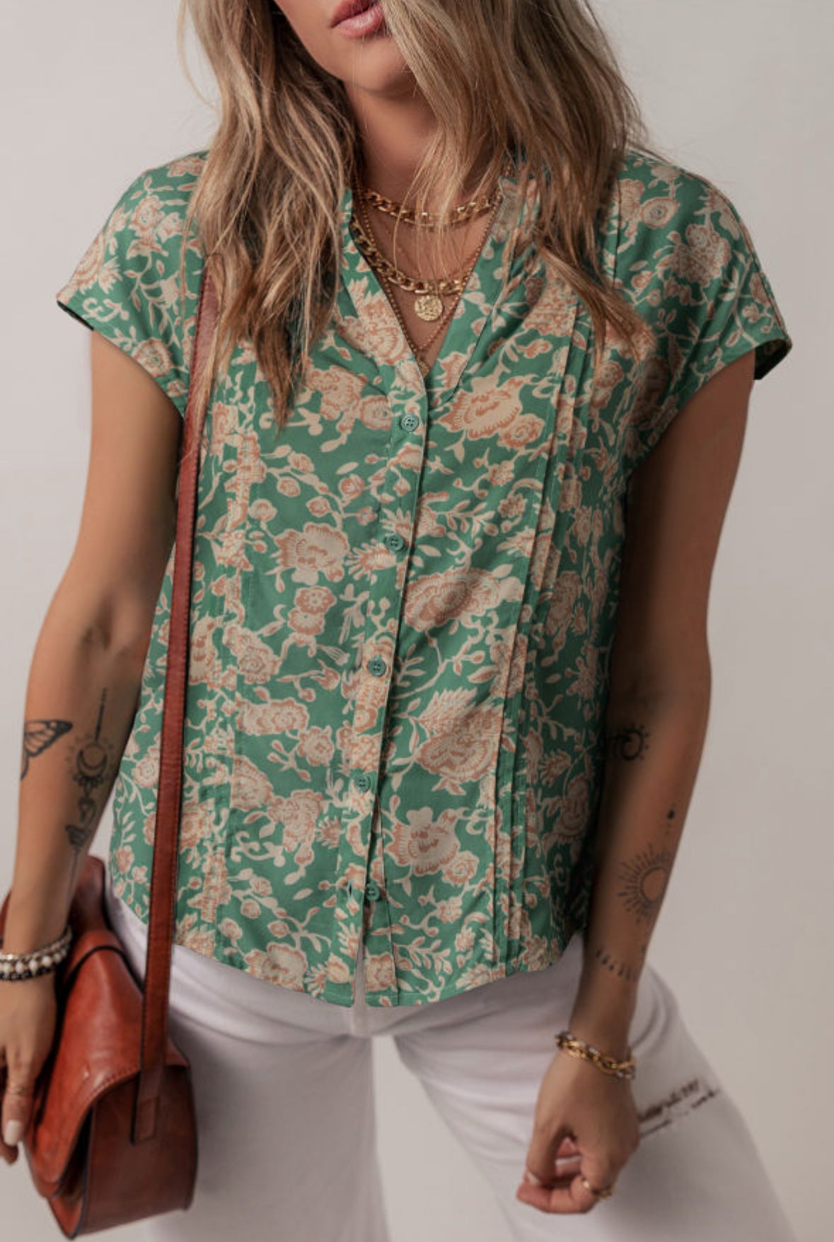 Green Floral Button Up