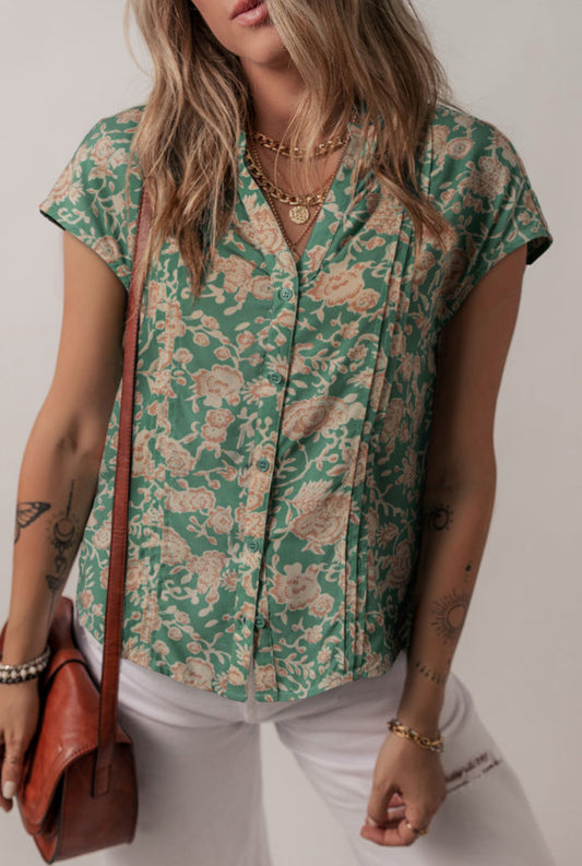 Green Floral Button Up