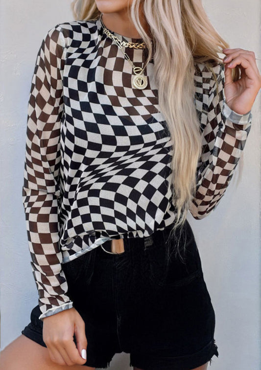 Mesh Checkered Print Top