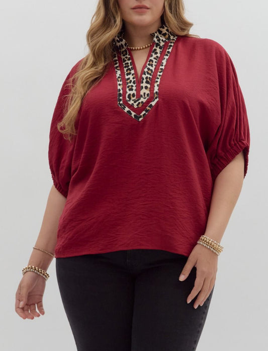 Red Plus Size Leopard Collar V Neck ENTRO Top