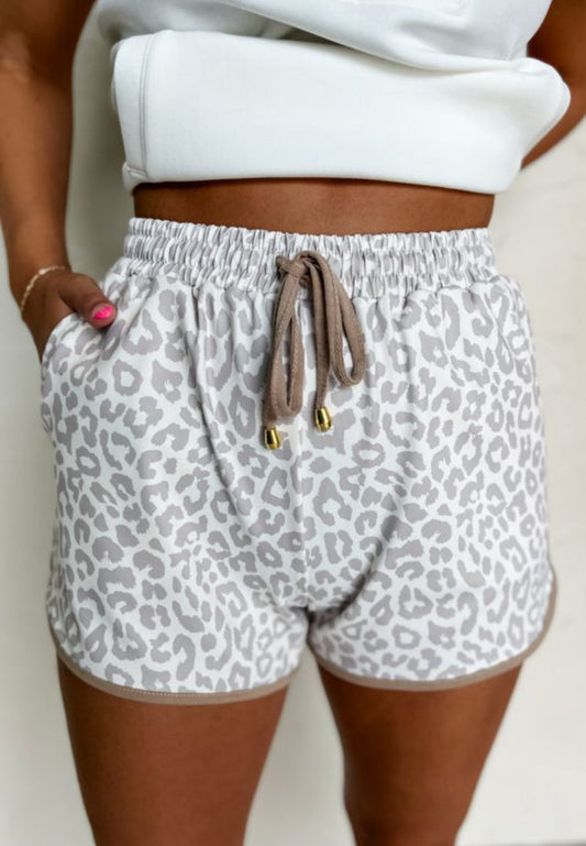 White Leopard Elastic Waist Lace Up Contrast Trim Casual Shorts